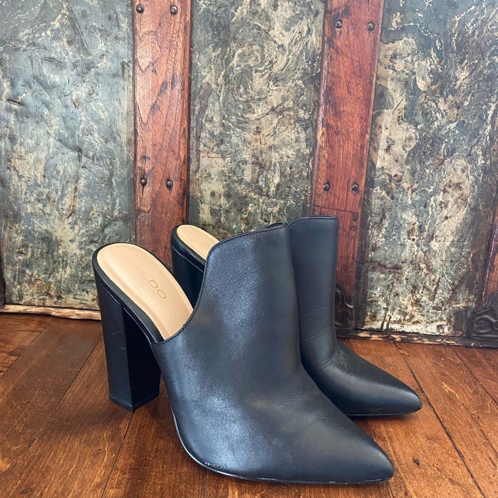 Aldo Black Pointed Toe Heeled Mules